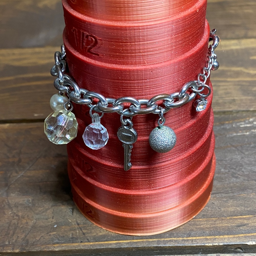 Silver Charm Bracelet with Heart, Key, Flower and More Beads - Picture 6 of 13